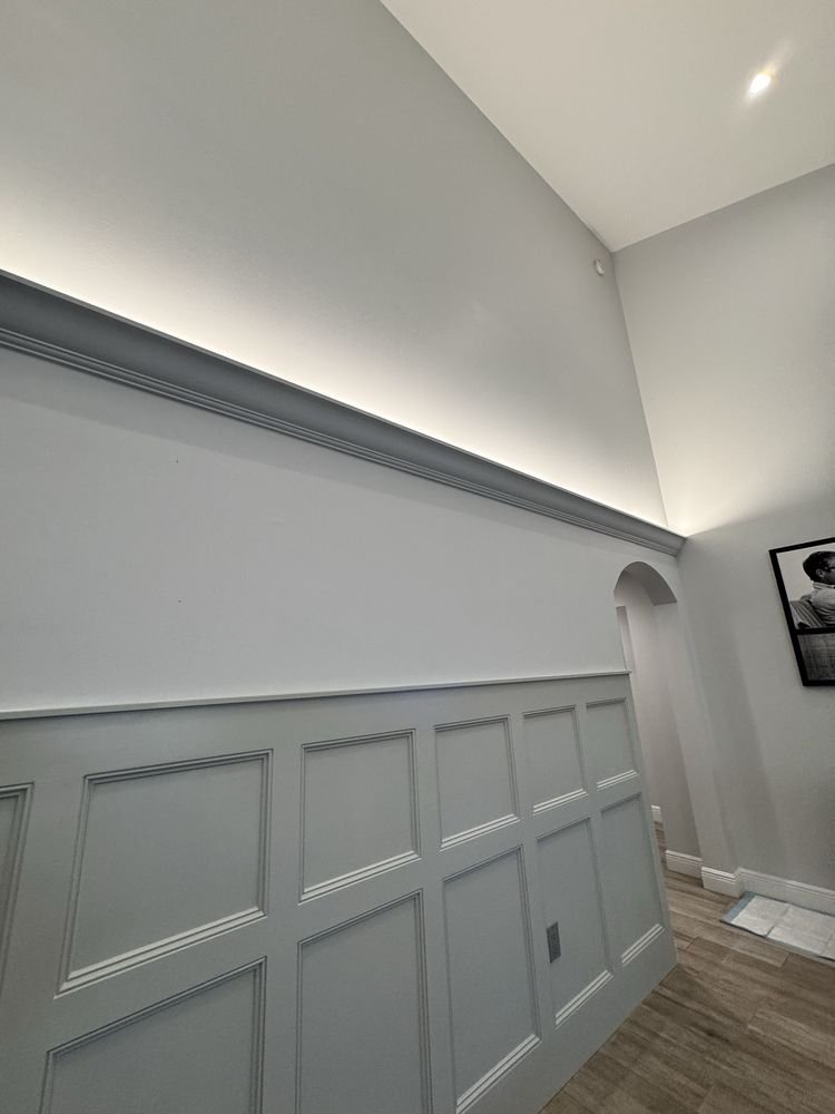 Custom wainscoting wall paneling and LED cove molding trim in Jupiter FL